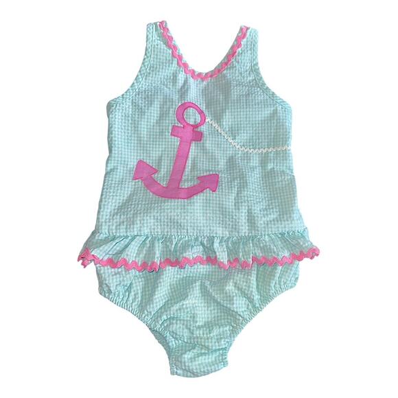 Funtasia too Dallas 5T Blue checkered pink Anchor bathing suit tutu one piece - Picture 1 of 9